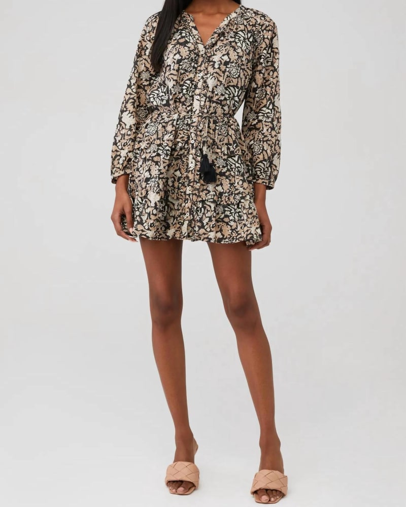 Front of a model wearing a size L Mylah Mini Dress in Fleur Block Print in Fleur Block Print by Cleobella. | dia_product_style_image_id:342473